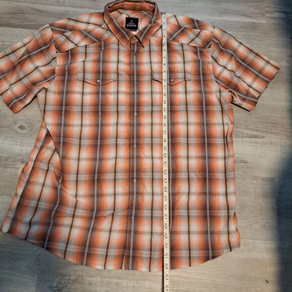 Prana Shirt Mens XXL Orange Brown Plaid Pearl Snap Organic Cotton Short Sleeve - Picture 4 of 12